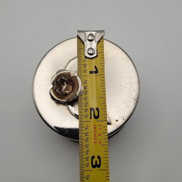 Vintage Silver-Tone Floral Finial Trinket Box Cutout Round Jewelry Vanity 80's - Picture 5 of 6